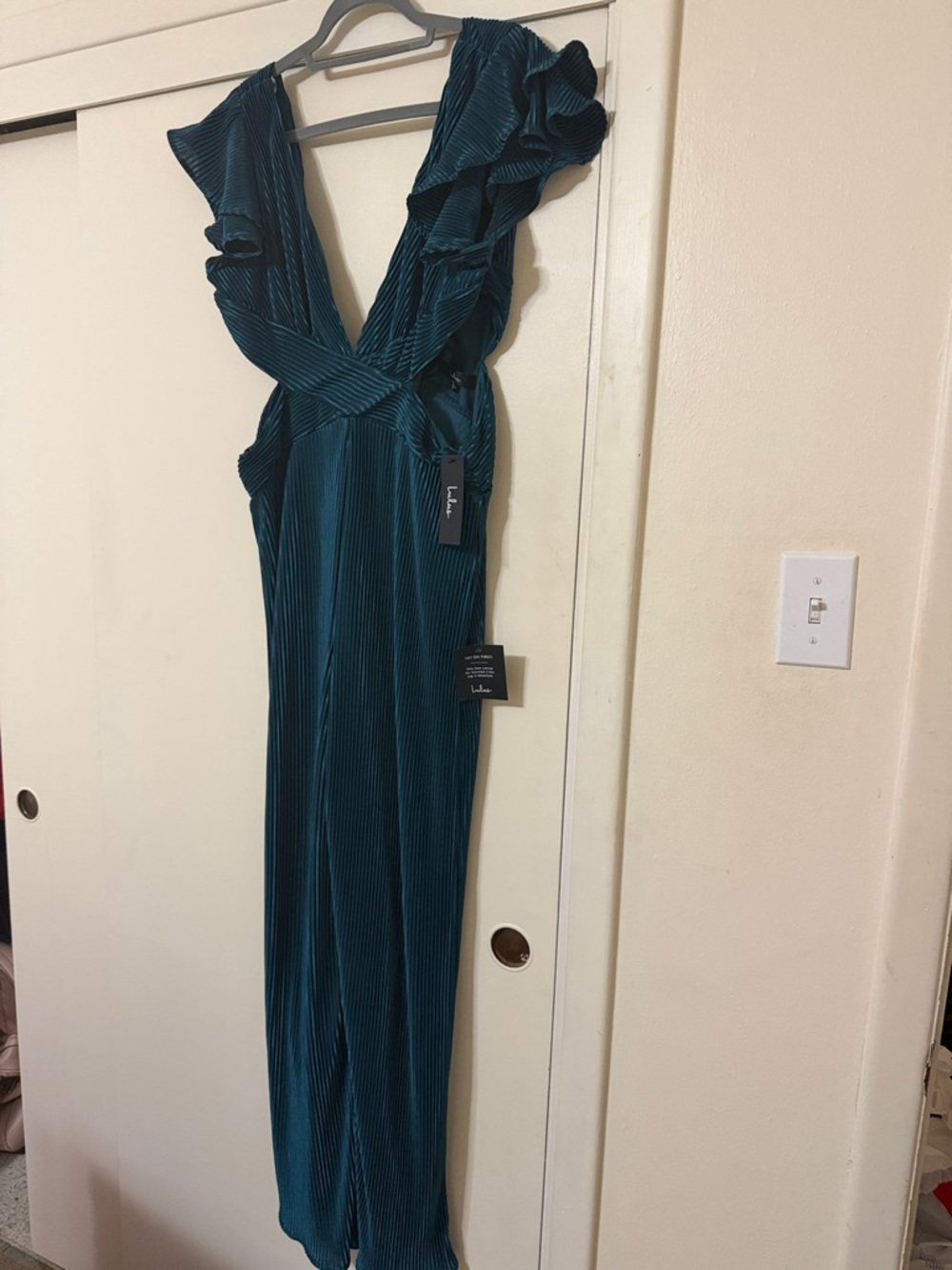 Lulu's Teal Pleated V-Neck Jumpsuit with Ruffle Detail